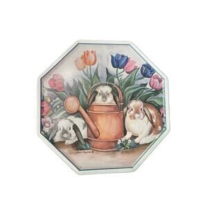 Vintage- Octagon- Blue- Tulip bunnies flowerpot- some dents wear- decorative tin